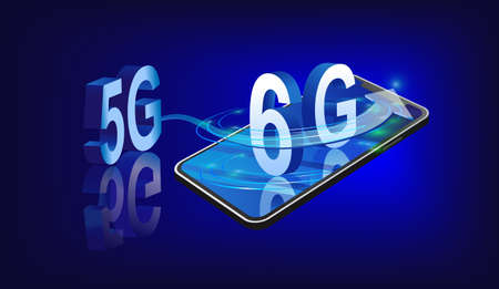 6G technology concept, a smartphone with the letters 6G Sixth generation. 3D type text, Internet  6G...