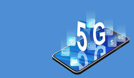 5G technology concept, a smartphone with the letters 5G Sixth generation. 3D type text,  storm...