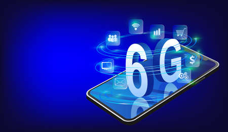 6G technology concept, a smartphone with the letters 6G Sixth generation. 3D type text,  storm...