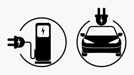 Electric car smart car icon with a charging station with plug-in cable. black and white are isolated on white background. Green Energy concept. vector illustration of future transport electric emo.
のイラスト素材