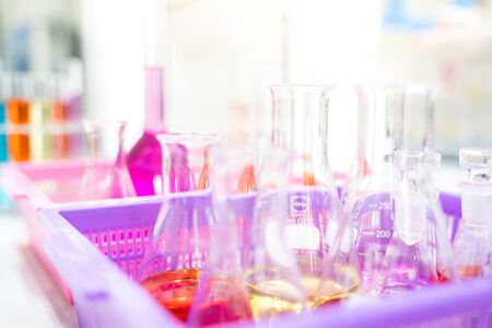 Scientific Glassware For Chemical,Laboratory Research Analysis Laboratory - Scientist With Pipette And Beaker - Equipment Chemical.shallow focus effect.の写真素材