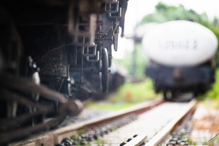Rusty old iron freight train In the train station, Thai train stops at the station.soft focus.