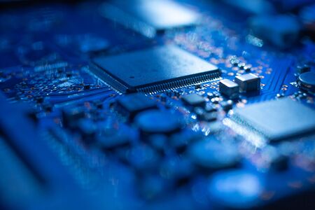 Circuit board.Motherboard digital chip. Electronic computer hardware technology. Integrated communication processor. Information engineering component. Tech science background. shallow focus effect.の写真素材