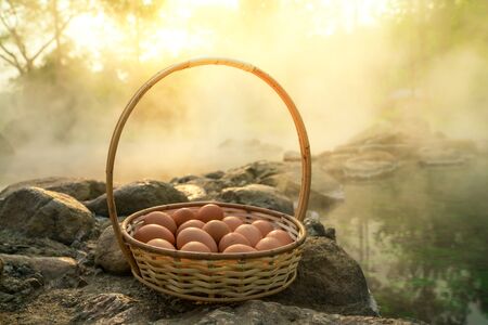 Onsen Hot Spring Eggs in National Park Chae Son, Lampang Thailand, traditional method of boiling eggs in the natural hot springs in Thailand.shallow focus effect.の写真素材
