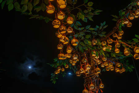 bokeh of Beautiful handmade lantern lamp made from (Strychnos nux-blanda A.W. Hill), fruits. On the trees at night of a traditional Thai festival celebrates. Event for The End of Buddhの写真素材