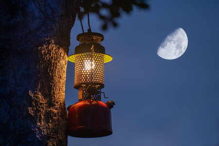 Vintage oil lamp hanging on a tree in the forest in the evening camping atmosphere,Travel Outdoor Concept image moon backgroundの写真素材