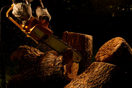 Lumberjack cutting a log with a chainsaw at night.の写真素材