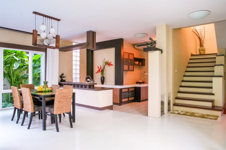 Living room design with modern sofa Fountain and frangipani trees shady Thai style and luxury accessories to decorate your home. selective focus, soft focus.のeditorial素材