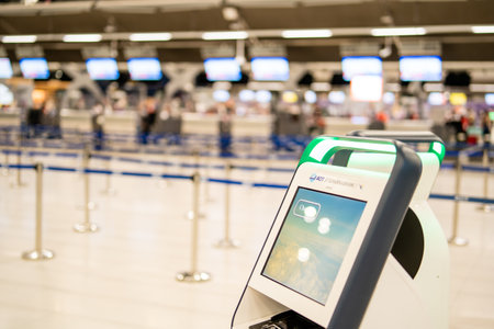 BANGKOK, THAILAND - January 21, 2023: Self-service check-in machine at Check-in counters at...