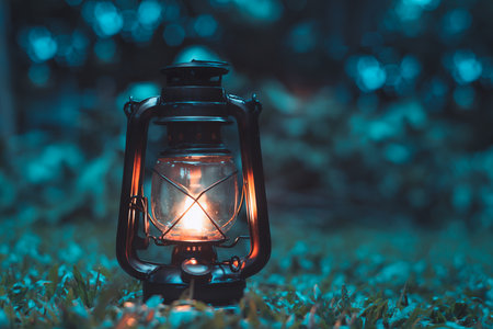 Lantern on the grass in the garden at night. Vintage style.の写真素材