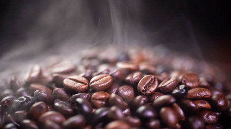 roasted coffee beans with smoke on a dark background, close-upの写真素材