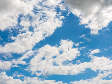 clouds and blue sunny sky,  white clouds over blue sky, Aerial view,  nature blue sky white cleat weather.の写真素材