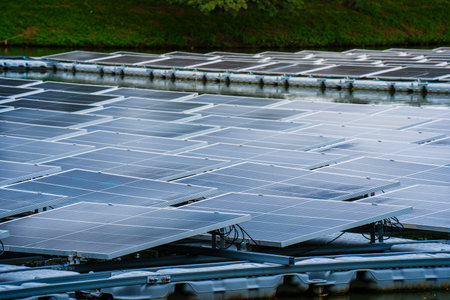 Side view of solar panels floating on water in a lake, for generating electricity from sunlight, selective focus, soft focus.の写真素材