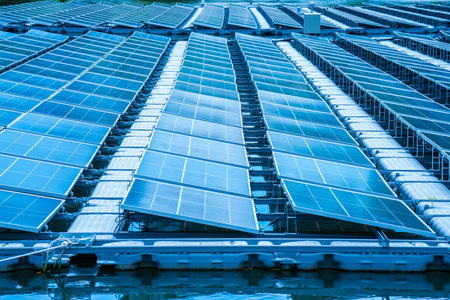 Side view of solar panels floating on water in a lake, for generating electricity from sunlight, selective focus, soft focus.の写真素材