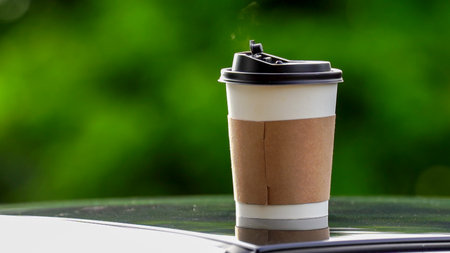 coffee takeaway in a paper cup on top of the car roof green tree background at sunrise in the morning,  selective focus, soft focus.の写真素材