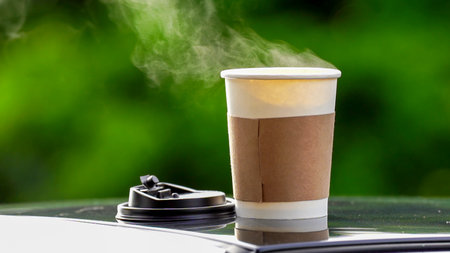 coffee takeaway in a paper cup on top of the car roof green tree background at sunrise in the morning,  selective focus, soft focus.の写真素材