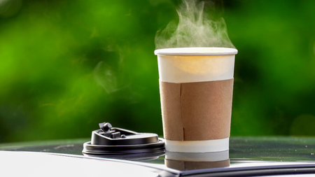 coffee takeaway in a paper cup on top of the car roof green tree background at sunrise in the morning,  selective focus, soft focus.の写真素材