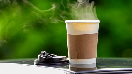 coffee takeaway in a paper cup on top of the car roof green tree background at sunrise in the morning,  selective focus, soft focus.の写真素材
