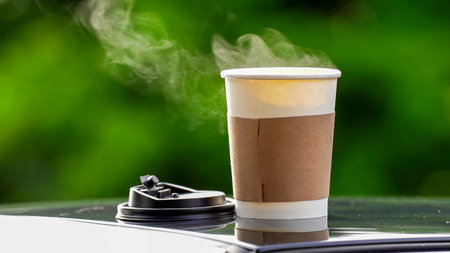 coffee takeaway in a paper cup on top of the car roof green tree background at sunrise in the morning,  selective focus, soft focus.の写真素材