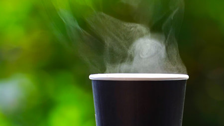 coffee takeaway in a paper cup on top of the car roof green tree background at sunrise in the morning,  selective focus, soft focus.の写真素材