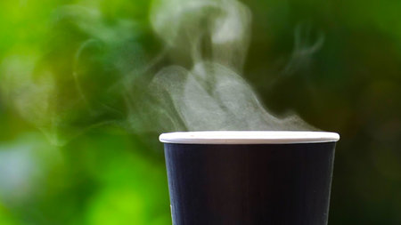 coffee takeaway in a paper cup on top of the car roof green tree background at sunrise in the morning,  selective focus, soft focus.の写真素材