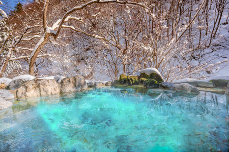 Japanese Hot Springs Onsen Natural Bath The mountain background is covered with a lot of snow. In winter in Japanの写真素材
