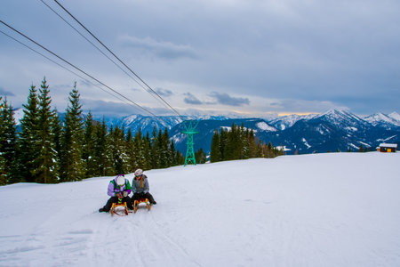 MARIAZELL AUSTRIA - February 17, 2017: Ski resort BÃ¼rgeralpe â Mariazell in Austria, for skiing and snowboarding, has 11 km slopes, and 5  lifts to transport guests.の写真素材