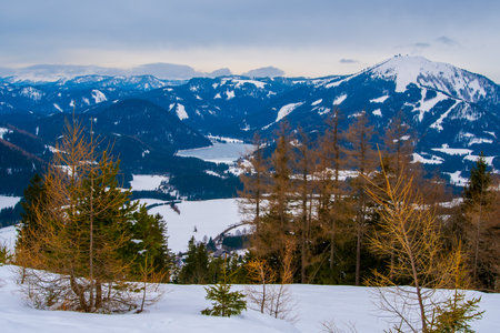 MARIAZELL AUSTRIA - February 17, 2017: Ski resort BÃ¼rgeralpe â Mariazell in Austria, for skiing and snowboarding, has 11 km slopes, and 5  lifts to transport guests.の写真素材