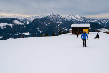 MARIAZELL AUSTRIA - February 17, 2017: Ski resort BÃ¼rgeralpe â Mariazell in Austria, for skiing and snowboarding, has 11 km slopes, and 5  lifts to transport guests.の写真素材