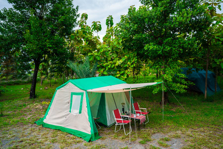 Camping tents, vintage cabin tents,  Antique lanterns, retro chairs, and outdoor coffee-making facilities on wooden tables in a forestの写真素材