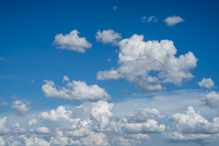 clouds and blue sunny sky,  white clouds over blue sky, Aerial view,  nature blue sky white cleat weather.の写真素材