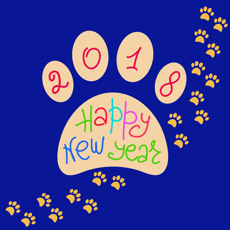 Greeting card Happy New Year. The imprint of dog paws and a handwritten inscription. Holiday Vector Illustration of the year yellow dog. Graphic design for banner, poster, card, cover, invitationのイラスト素材