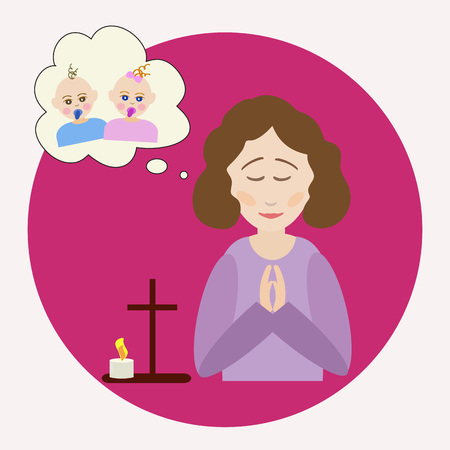 The woman prays for a child. The figure of a praying woman, picture of a baby, a prayer cross and a burning candle. Vector illustration on religious themeのイラスト素材