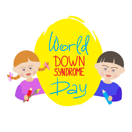 Children with Down syndrome are holding a blue sign that says World Down Syndrome Day.Illustration for book cover, brochures, flyers, invitations, postcards, banners, the list of events and activitiesのイラスト素材
