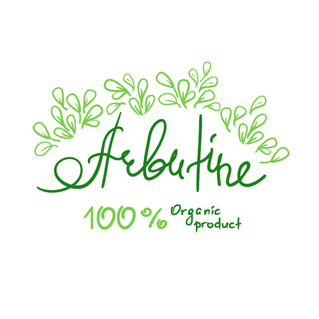 Arbutin Organic product handwritten name of arbutin. Print for labels, advertising, price tag, brochure, booklet, tablets, cosmetics and cream packaging. Natural vegetable herbal, botanical styleのイラスト素材
