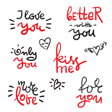 Valentines Day set with love text, heart. Template for Stickers, Greeting Scrapbooking, Congratulations, Invitations, t-shirt, cards, cups. Hand drawn beautiful lettering. Cute and funny vector signのイラスト素材