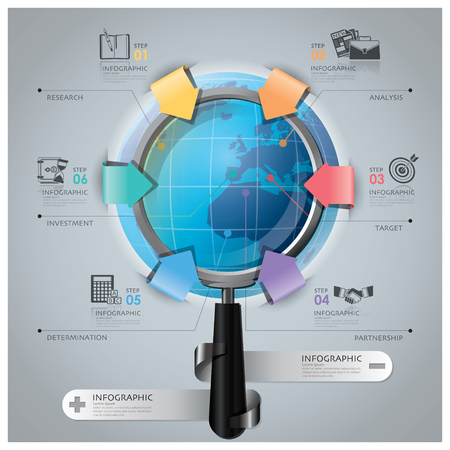 Global Business And Financial Infographic With Magnifying Glass Arrow Round Circle Diagram Design Templateのイラスト素材