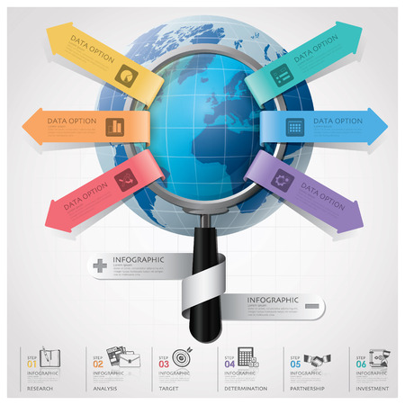 Global Business And Financial Infographic With Magnifying Glass Arrow Round Circle Diagram Design Templateのイラスト素材