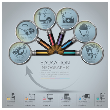 Education And Graduation Infographic With Magnifying Glass Pencil Round Circle Diagram Design Templateのイラスト素材
