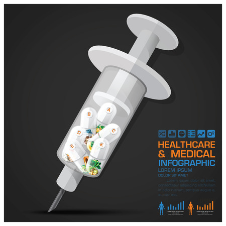 Healthcare And Medical Vitamin Pill Capsule With Syringe Infographic Vector Design Templateのイラスト素材