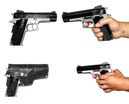 four photos of pistolet on wihte backgroundの写真素材