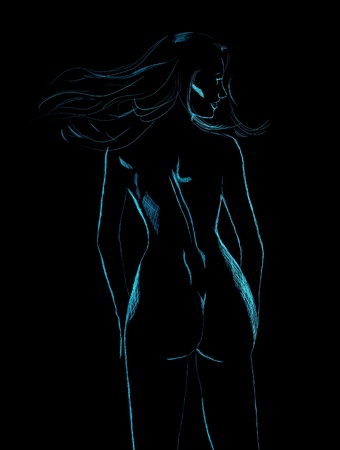 Cyan silhoette of female body on black backgroundの写真素材