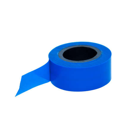 Blue tape on white background in studioの写真素材
