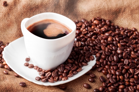 cup of hot coffee in white cupの写真素材
