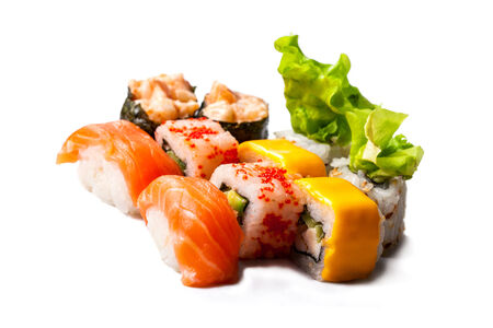 Assortment of sush and roll isolated on whiteの写真素材