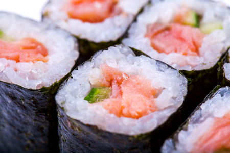 Macro photo of roll with salmon in studioの写真素材