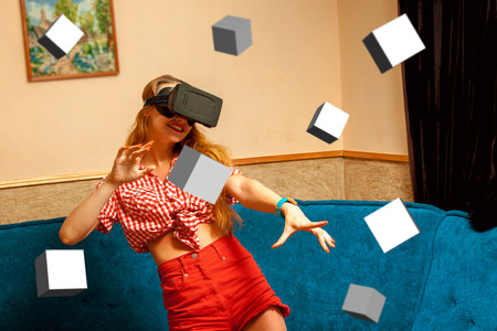 horizontal portrait of beauty girl in virtual reality helmet smiling. VR glasses. Virtual reality....