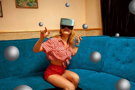 Virtual reality glasses. VR helmet. portrait close up of young beautiful woman smiling in virtual...