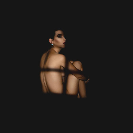 portrait of sexual brunette woman without clothes in studio and with shadows on her bodyの写真素材