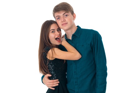 charming couple in love having fun in studio on white backgroundの写真素材